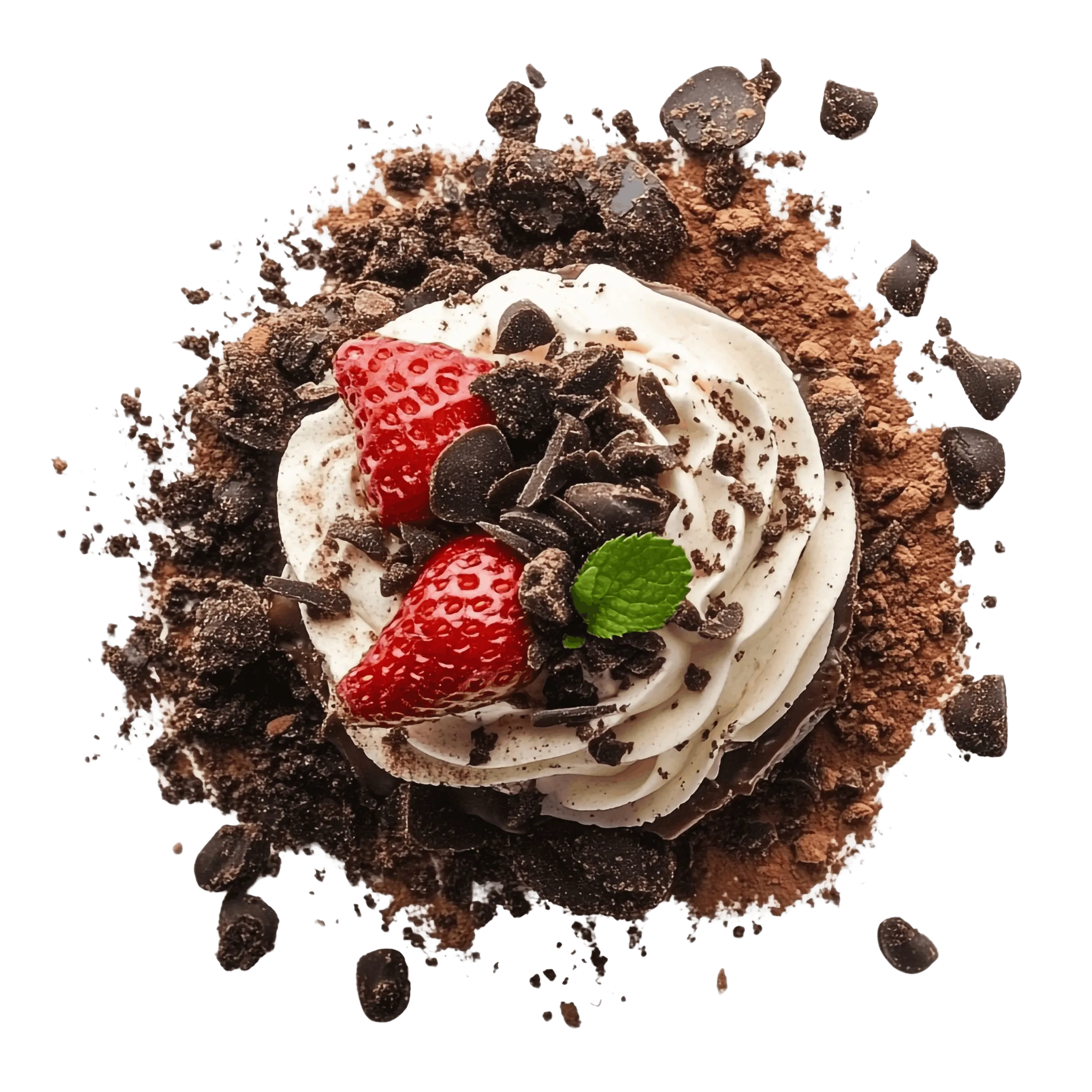 Bäckerei Konditorei Neher Rettenberg -  Backwaren und Lebensmitteln - Eine Schokoladenmousse, garniert mit Schlagsahne, Erdbeeren und Schokoladenraspeln.