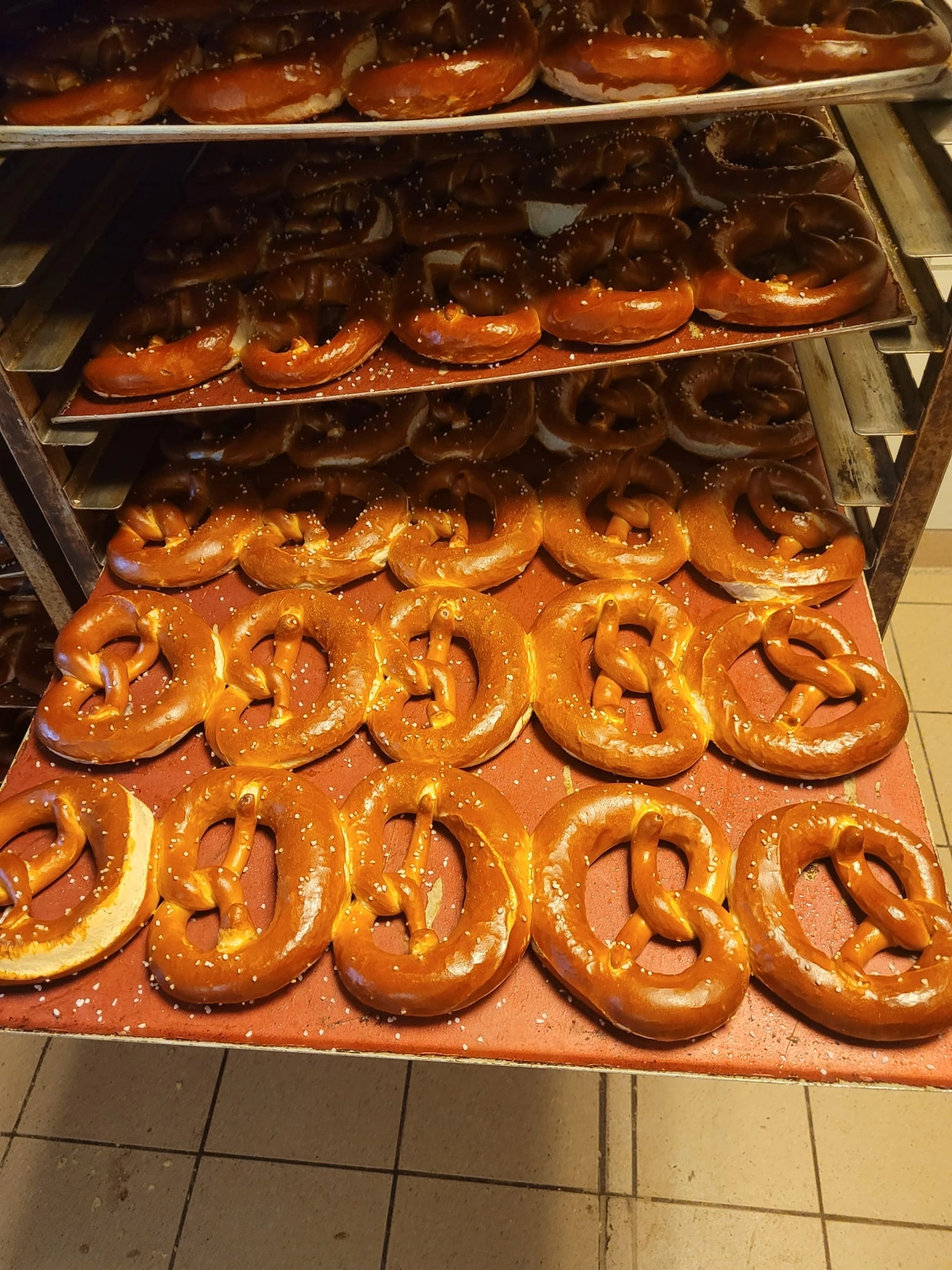 Bäckerei Konditorei Neher Rettenberg - Backwaren und Lebensmitteln - Eine große Menge frisch gebackener, weicher Brezeln, auf Tabletts angerichtet.